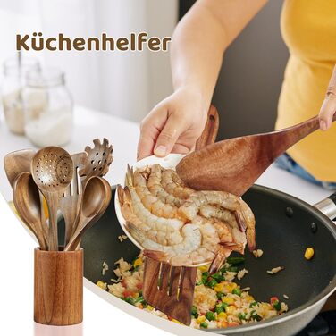 Набір кухонних аксесуарів LSFCHUJU (10 шт.) з дерева: кухонне начиння, лопатки, посуд з антипригарним покриттям, підставка