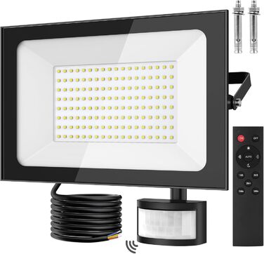 papasbox 2 Pack LED Floodlights with Motion Sensor and Light Sensor | Outdoor Floodlights/Spotlights with Remote Control | 6500K Cool White IP66 Waterproof Floodlights for Garden, Garage, Sports Field (150W, 1 piece)
