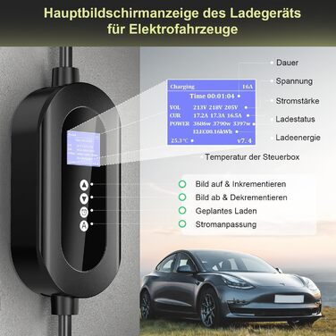 Зарядний пристрій (Wallbox) 11 кВт Type 2, CEE 16A, 6м, 3 фази, з лічильником електроенергії та таймером, для електромобілів (BEV/PHEV), Чорний