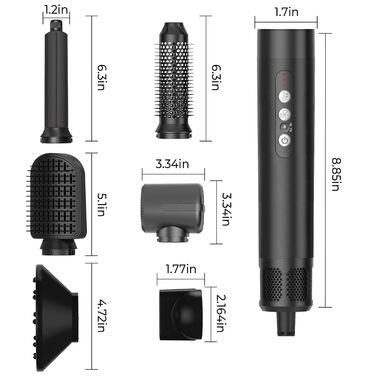 UKLISS Air Styler 7 в 1: Фен-щітка з 7 насадками для сушіння, укладання та об'єму волосся. Іонізація, чорно-срібний