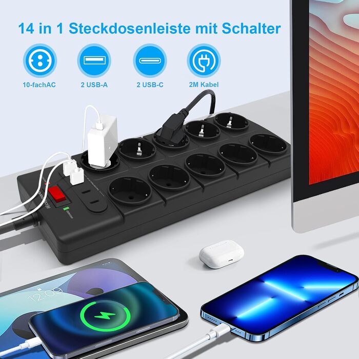 Многорозетка IECOPOWER з USB (PD 20W), захистом від перенапруги, 4000W/16A, 1050 Дж, 2 м, з вимикачем, чорна