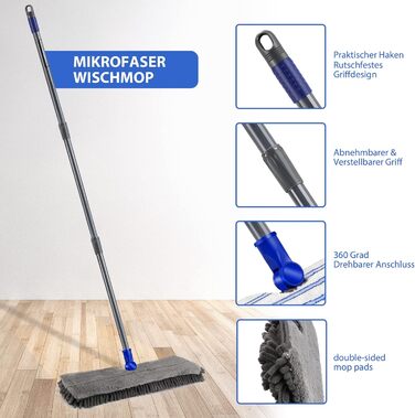 Myiosus Mop, Floor Wiper, Chenille Flat Mop with 4 Double-Sided Cleaning Pads, 127cm Mop with 360° Swivel Head, Microfiber Floor Wiper Set for Hardwood, Laminate, Tile, Includes 1 Scraper