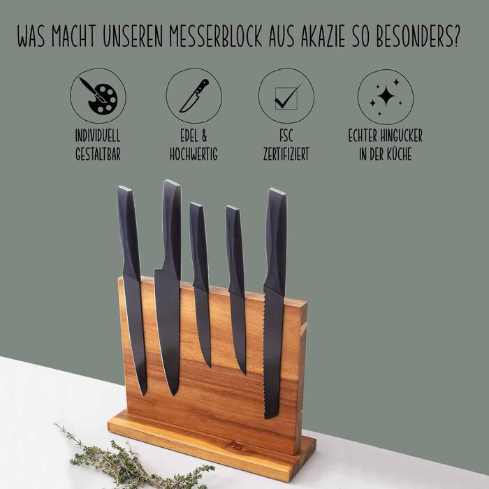 Personalized Magnetic Knife Block from Acacia Wood - Without Knives - 32 x 25 x 10.5 cm - Stable Base - Individual Design - Gift for Birthday, Mother's Day, Housewarming - Wooden Knife Holder (Secret Ingredient)