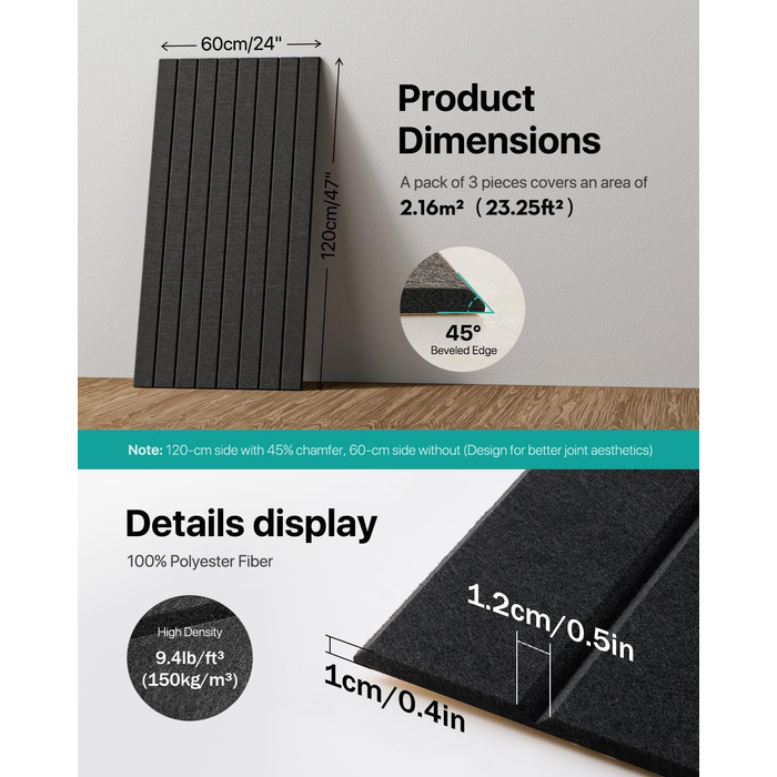 Акустичні панелі Soundsbay самоклейні для звукоізоляції та декору стін, 120×60×0.9 см, чорні (3 шт, 2.16 м²)