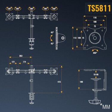 Кронштейн для двох моніторів RICOO TS5811, подвійний навіс для комп'ютерних моніторів 13-27 дюймів, настільний тримач для PC та Gaming моніторів