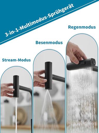 Чорний кухонний змішувач водопровідний з висувною лійкою та душем, 360° обертання, одноlever, матовий чорний