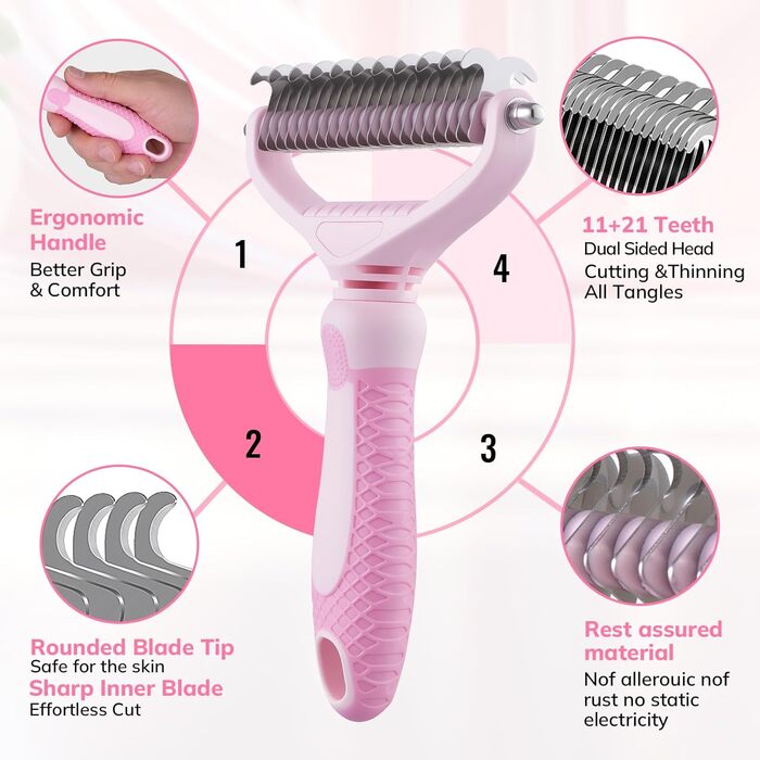 Щітка для собак та котів, гребінець для тварин з нержавіючої сталі 12+23 зубці, двостороння для видалення шерсті та розплутування, для дому (L, вишня, рожевий)