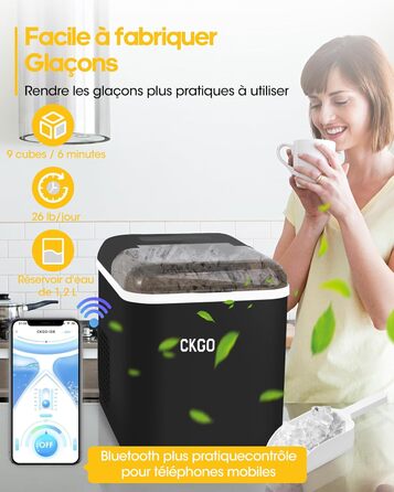 Smart Ice Maker Machine with WiFi Control - 15KG Daily Output, Fast Ice Production (6 mins/9 cubes), Self-Cleaning, 2 Sizes, for Kitchen, Office, Bar, Party, RV (Black)