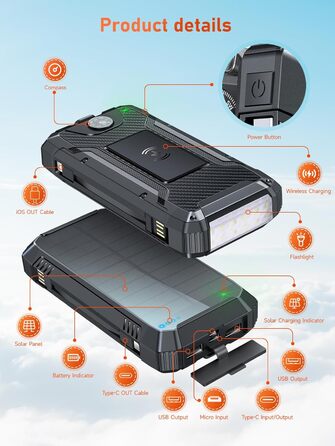 Портативний зарядний акумулятор Solar Powerbank 49800mAh з сонячною панеллю, PD 30W, USB-C, бездротова зарядка 15W, LED-індикатор, ліхтарик, 4 виходи, 2 входи, чорний