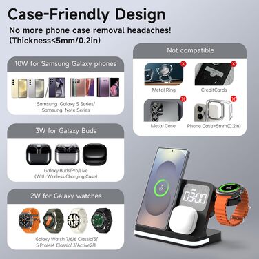 Універсальна зарядна станція 4-в-1 для Samsung Galaxy S25, Z Flip 6, Watch 7/Ultra, Buds 3 Pro з будильником та LED-підсвіткою, бездротовий швидкий зарядний пристрій для столу та тумбочки