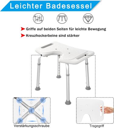 AUFUN Shower Stool, Adjustable Height 35-51cm, U-Shaped Shower Stool, Anti-Slip Bath Seat, Shower Aid, Shower Seat Made of Aluminum and Plastic for Elderly, Pregnant Women (U-Shaped Shower Stool)