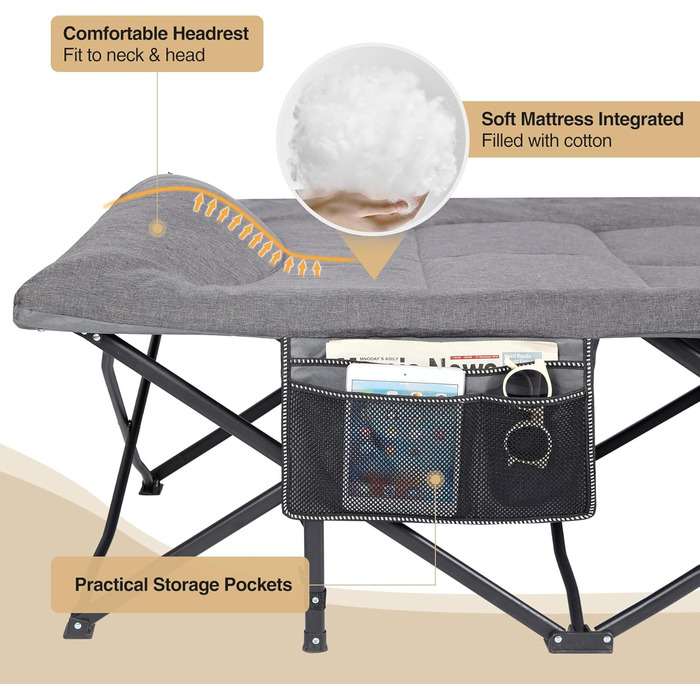 Кемпінгове ліжко REDCAMP XL з матрацом для дорослих, 226 кг, широке, міцне, розкладне, для відпочинку на природі, для гостей, офісу, дому (темно-сірий 2xl)