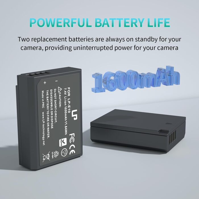 Комплект акумуляторів LP-E10 (2 шт) та подвійний зарядний пристрій 1600mAh для Canon EOS Rebel T7, T6, T5, T3, T100, 4000D, 3000D, 2000D, 1500D, 1300D