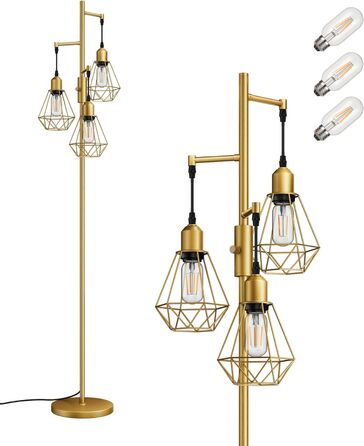 LED торшер Edishine для вітальні, ретро стиль, 3 лампи, диммування, 4W E27, регулювання поворотною ручкою, індустріальний декор з металевим абажуром-сіткою, 2700K, висота 166 см, золотий