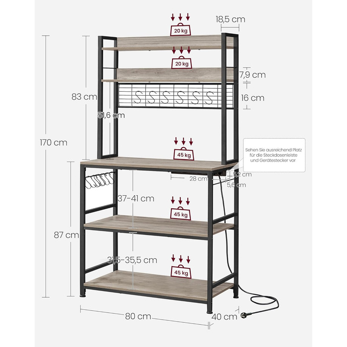 Стелаж кухонний VASAGLE з розетками, для мікрохвильової печі, з решіткою, 14 гачків, антрацит-чорний (40 x 80 x 170 см)