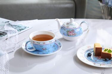 London Boutique Teapot and Cup, Vintage, Viktoria, Porcelain, in Gift Box, Ceramic, 15x15cm (Blue)