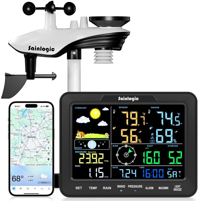 Метеостанція бездротова Sainlogic Weatherseed® з Wi-Fi, прогнозом погоди на 24/7 (ШІ), сповіщеннями в App/Email, цифровим анемометром та дощуміром, 2 роки зберігання даних - Чорний