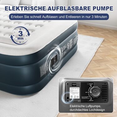 Надувний матрац LEADZM для двох осіб з електронасосом, 203x152x46 см, сірий. Самороздувний, флок + PVC, до 295 кг