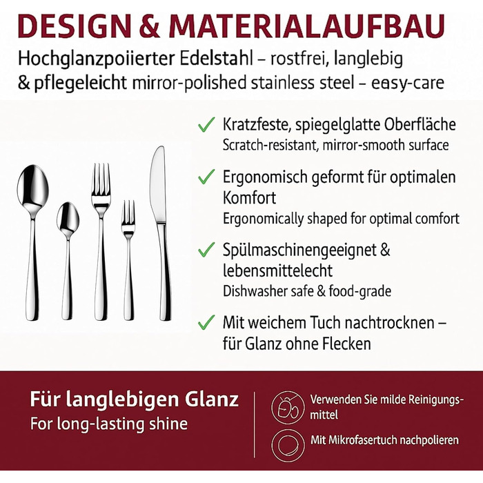 Набір столових приборів 60 предметів для 12 осіб з нержавіючої сталі – елегантний набір, полірований до блиску, безпечний для посудомийної машини, стійкий до корозії. Модель 4