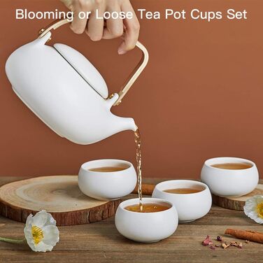 ZENS Modern Japanese Teapot, 800ml Matte White Ceramic Teapot with Infuser, Wooden Handle Small Japanese Teapot for Loose Leaf Tea, White Tea, Green Tea Steeper, Gift for Tea Lovers (09-weiß Teeservice-4 Tassen)
