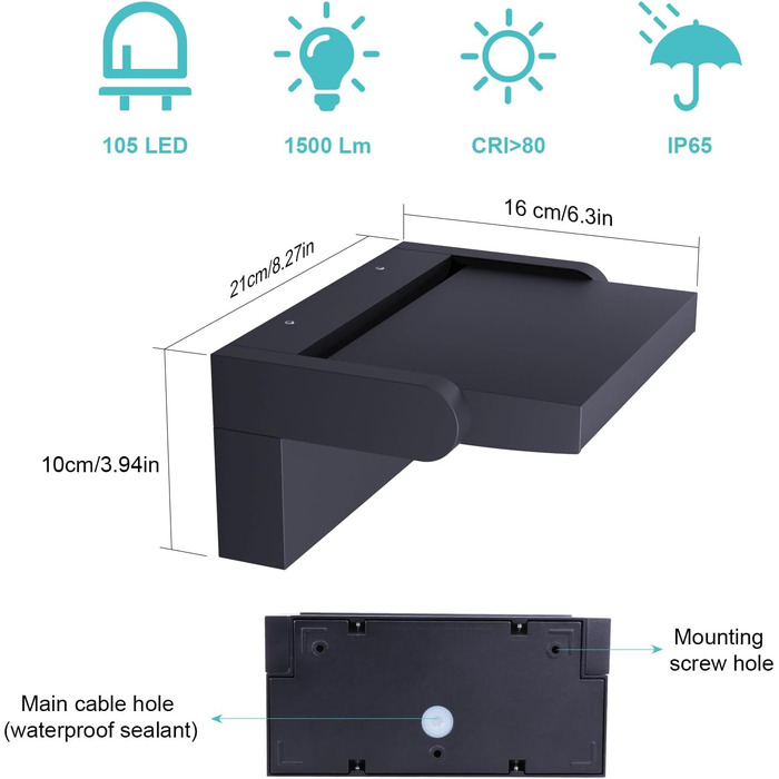 Зовнішня LED-стінна лампа Klighten 24W, IP65, 1500 Lumen, 3000K, Anthrazit