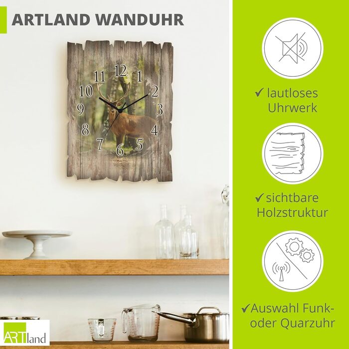 ARTLAND Wall Decor Wall Clock without Ticking Sound, Wood Quartz Clock, 30x40 cm, Rectangular, Silent, Nature, Animals, Deer, Forest, Landscape, Original, Nordic, T5YP