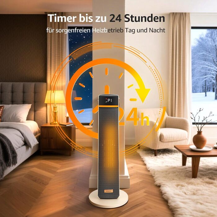 Електричний обігрівач Aigostar 2000W з пультом керування, ECO-режим, PTC кераміка, таймер 24год, тихий, осциляція 75°, 4 режими, захист від перекидання та перегріву, білий