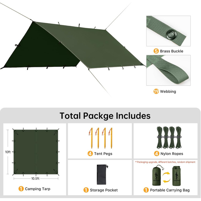 Тент FREE SOLDIER 3x3.2 м, водовідштовхувальний, ультралегкий, для кемпінгу та відпочинку на природі (Militärgrün)