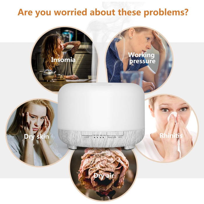 Аромадифузор Hianjoo 450мл з таймером, ультразвуковий, 7 кольорів LED, з пультом ДУ, для спа/офісу/йоги - білий