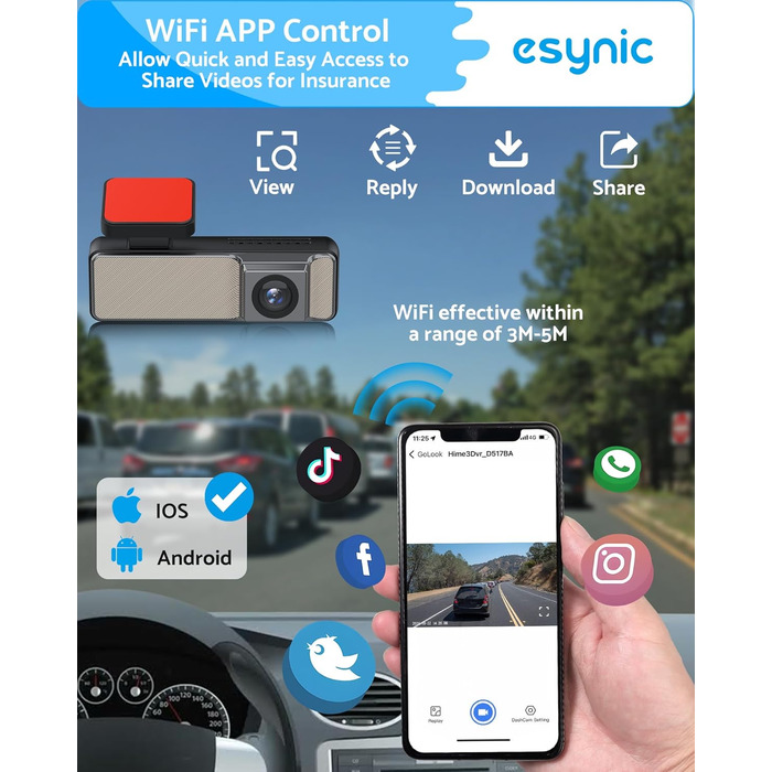 eSynic Mini Dashcam: Автомобільний відеореєстратор з Wi-Fi, 1080P Full HD, 160° Кут огляду, Нічне бачення, G-сенсор, Паркувальний режим, Керування через додаток, 32GB SD-карта в комплекті (Дві камери - передня та задня)