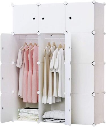 BRIAN & DANY Wardrobe with 12 Cubes, Modular Closet Wardrobe Shelf System Plastic Wardrobe with Doors & 2 Hangers, Additional Stickers Included