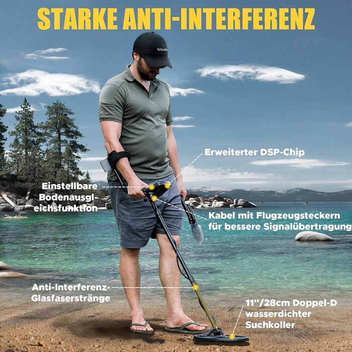 Металдетектор 13''/33см Profi з великою водонепроникною двокотушковою пошуковою котушкою, високою чутливістю та функцією Pinpointer, для пошуку золота, для дорослих з LCD-дисплеєм (Сірий)
