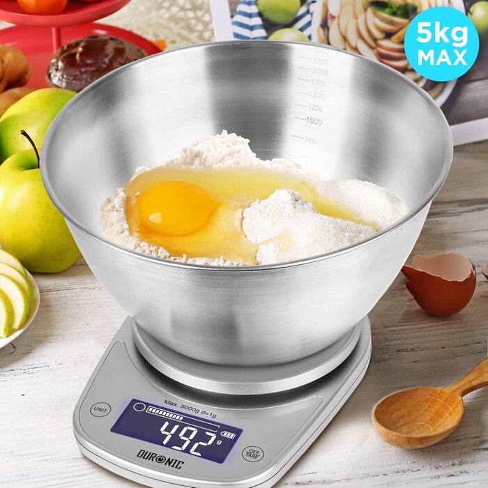 Кухонні ваги Duronic KS5000 SR/SS: цифрова вага з мискою 2.5 л, точність 1 г, функція тарування