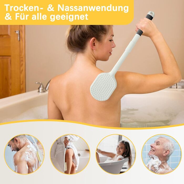 Рюкенbürсте для спини 50 см: складана щітка для душу з довгим руків'ям для ексфоліації, суха щітка для душу, щітка для ванни з змінною насадкою, підходить для людей похилого віку