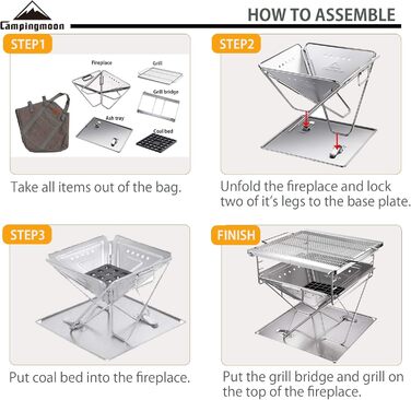 CAMPINGMOON Portable Stainless Steel Wood Grill and Fire Pit 20 inches with Carry Bag MT-055