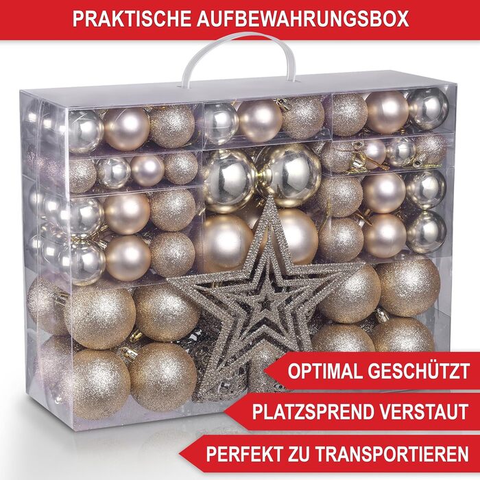 Набір прикрас на ялинку 128 шт. – верхівка, 127 кульок, упаковка, декор для дому та вулиці з пластику, 5 карток (шампань)