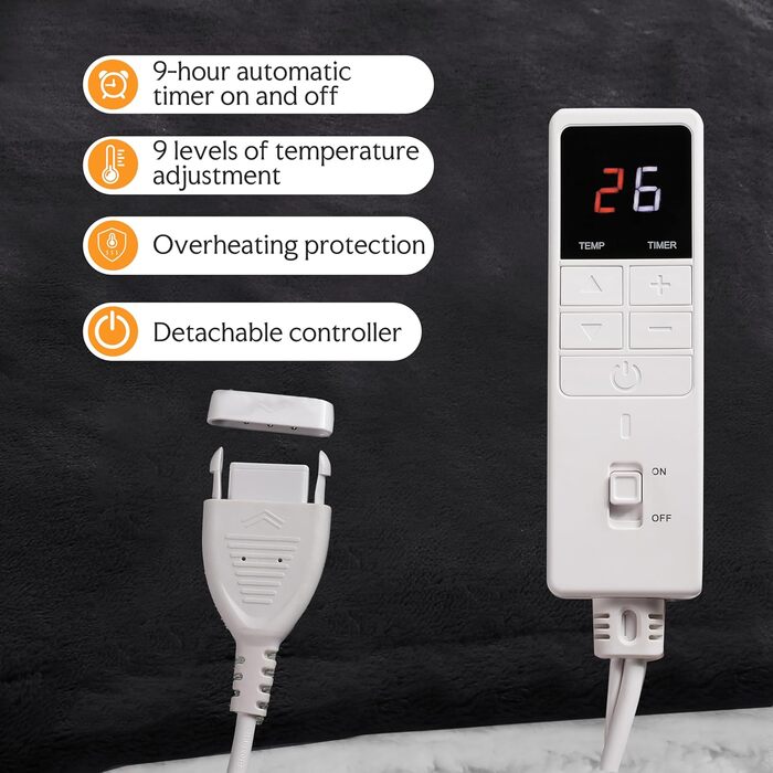 Електрична ковдра з автовимкненням – 130 × 180 см, 9 режимів нагріву + 9-годинний таймер, захист від перегріву до 8 годин, м'яка та приємна до тіла для дому та офісу, чорна