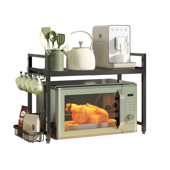 Регульована полиця для мікрохвильової печі NETEL 2-ярусна, чорна, висувна 40-60 см з тримачем для напоїв та кошиком