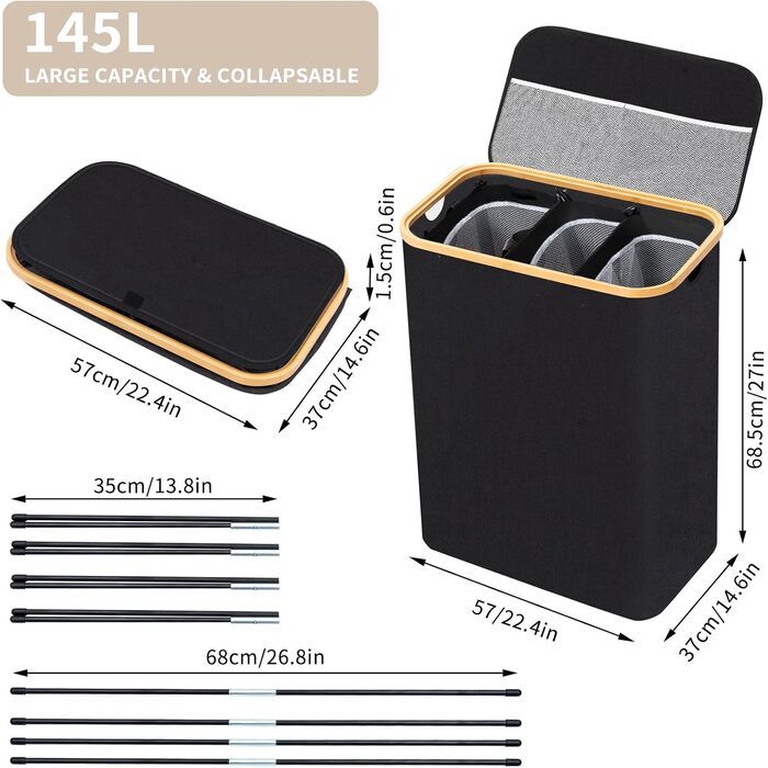 BRIAN & DANY Laundry Basket with 3 Compartments and Lid, Laundry Collector, Laundry Sorting System, Removable, Water-Repellent, Foldable Laundry Box, Narrow Laundry Basket 145L for the Family, Black