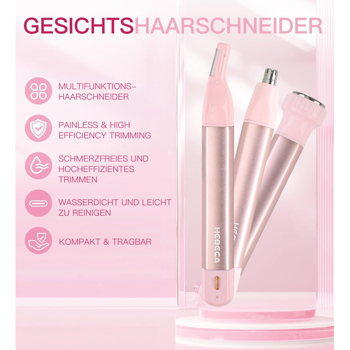 Електричний тример для обличчя для жінок 3-в-1: тример для брів, волосся на обличчі, носа. Бездротовий, вологостійкий, рожевий