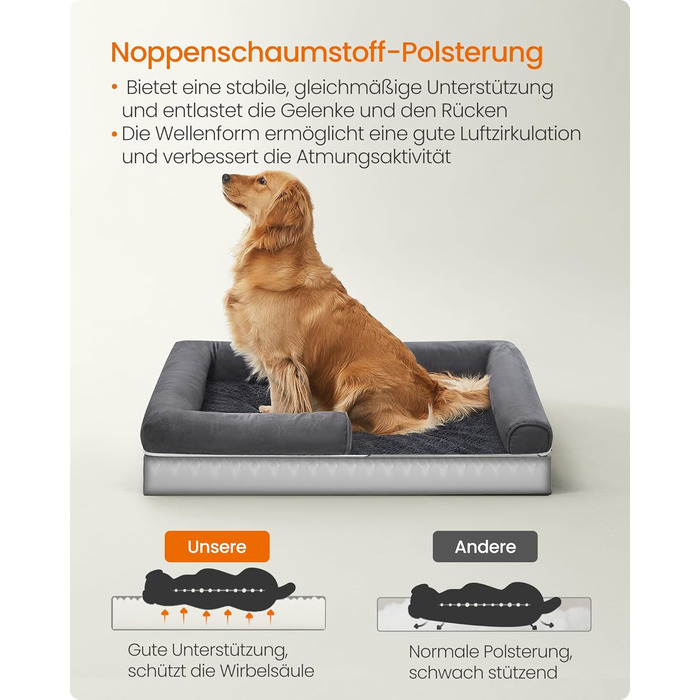 Ортопедичне ліжко для собак Feandrea, м'яке, з піднятими бортиками, знімний чохол, 106 x 76 x 18 см, сіре