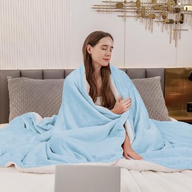 Плед Aisbo Warm Kuscheldecke - теплий, м'який плед з флісу Sherpa, 150x200 см, XL, велика товщина, для дивана, затишний та м'який (220 x 240 см, світло-блакитний)