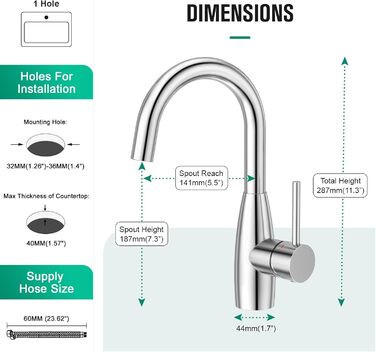 Кран кухонний CREA, 360° поворотний, для малої кухні, змішувач з високим виливом, нержавіюча сталь хром