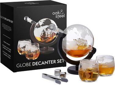 Oak & Steel - XL Premium Globus Whisky Decanter Set with World Map, 1500ml - Decanter with 2 Glasses, 4 Whiskey Stones & More - Gift Set for Christmas