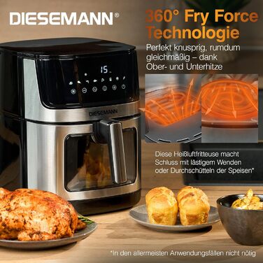 Фритюрниця повітряна DIESEMANN XXL 7.3L – 2000W з 2 нагрівальними елементами (верхній та нижній нагрів), вікно огляду та 8 програмами – для смаження, випікання та грилю без олії