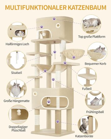 Драбина-кіготь для котів Hzuaneri, 203 см, з великою платформою, 2 печери, 7 кігтеточок, помпони, лежанки, гамак, для всіх порід котів, бежевий MS20318YL XXL (60 x 50 x 203 см)