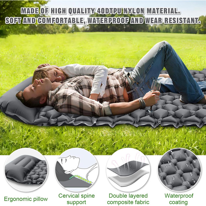 Надувна туристична матрац Isomatte з самонадуванням, водовідштовхувальна, з насосом та подушкою, сірий колір. Підходить для кемпінгу, походів, риболовлі та подорожей.