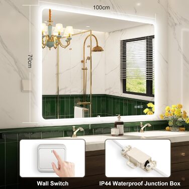 Дзеркало для ванної кімнати зі підсвічуванням STARLEAD 100x70 см, Bluetooth, антизапар, регулювання яскравості, 3 кольори світла, функція пам'яті, IP44, LED, горизонтальне/вертикальне, HD скло, Madrid Silver (Bluetooth)