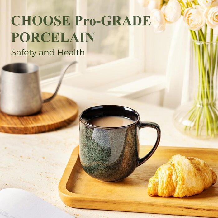 Набір керамічних кавових чашок LERATIO, 340 мл, 6 шт. - великі порцелянові чашки з зручною ручкою для лате, капучино, молока, какао. Можна мити в посудомийній машині та використовувати в мікрохвильовці. Ідеально підійде чоловікам, жінкам, батькам. Колір: 