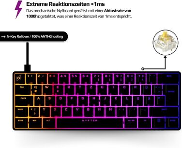 Механічна ігрова клавіатура Nyfter NYFBOARD GEN2 60% Black - Gateron Yellow, Hot-Swappable, RGB, ISO DE Layout